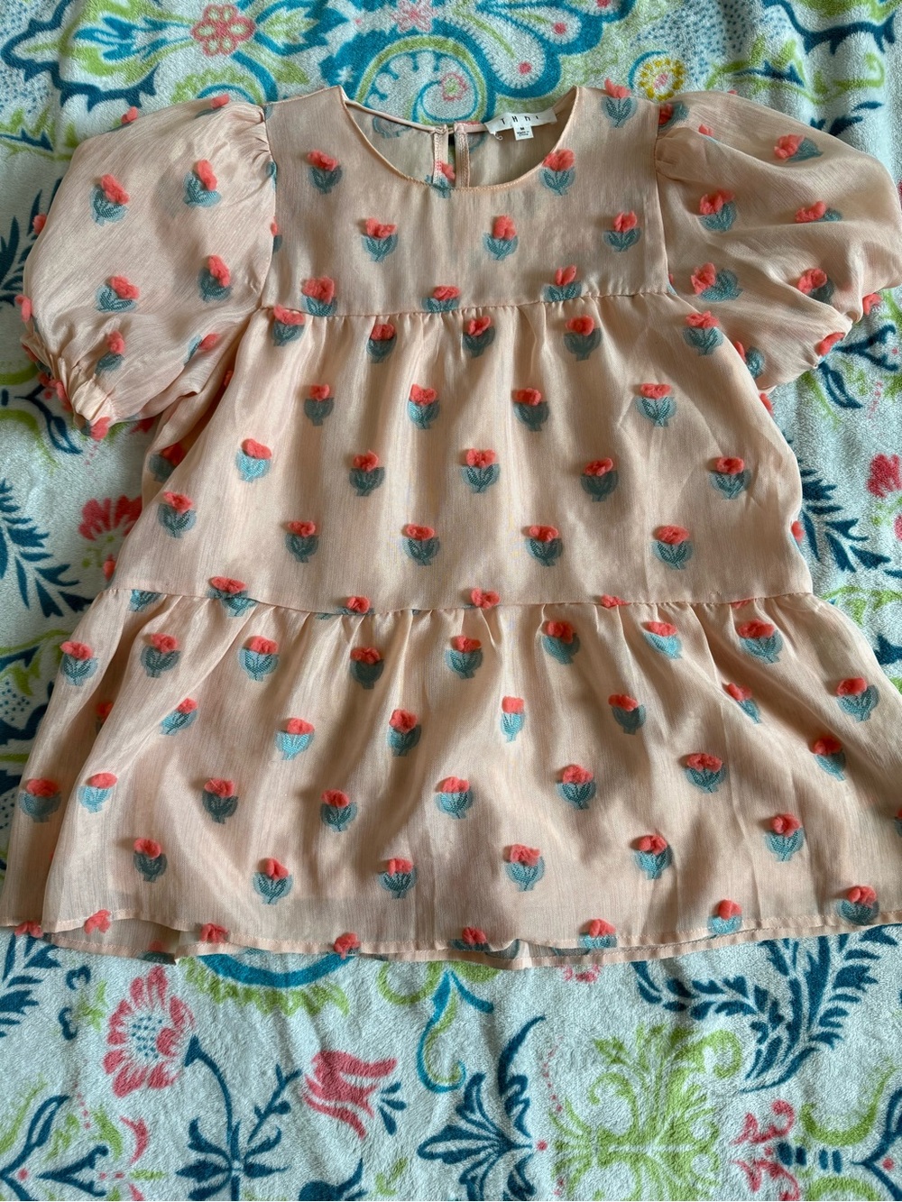 THML Peach Floral Puff-Sleeve Blouse with Coral Embroidery